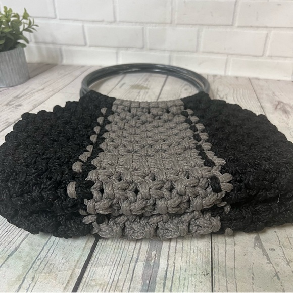 Vintage Macrame Handbag Purse Black Gray Bag Handmade Boho Round Handles MCM - Picture 9 of 13